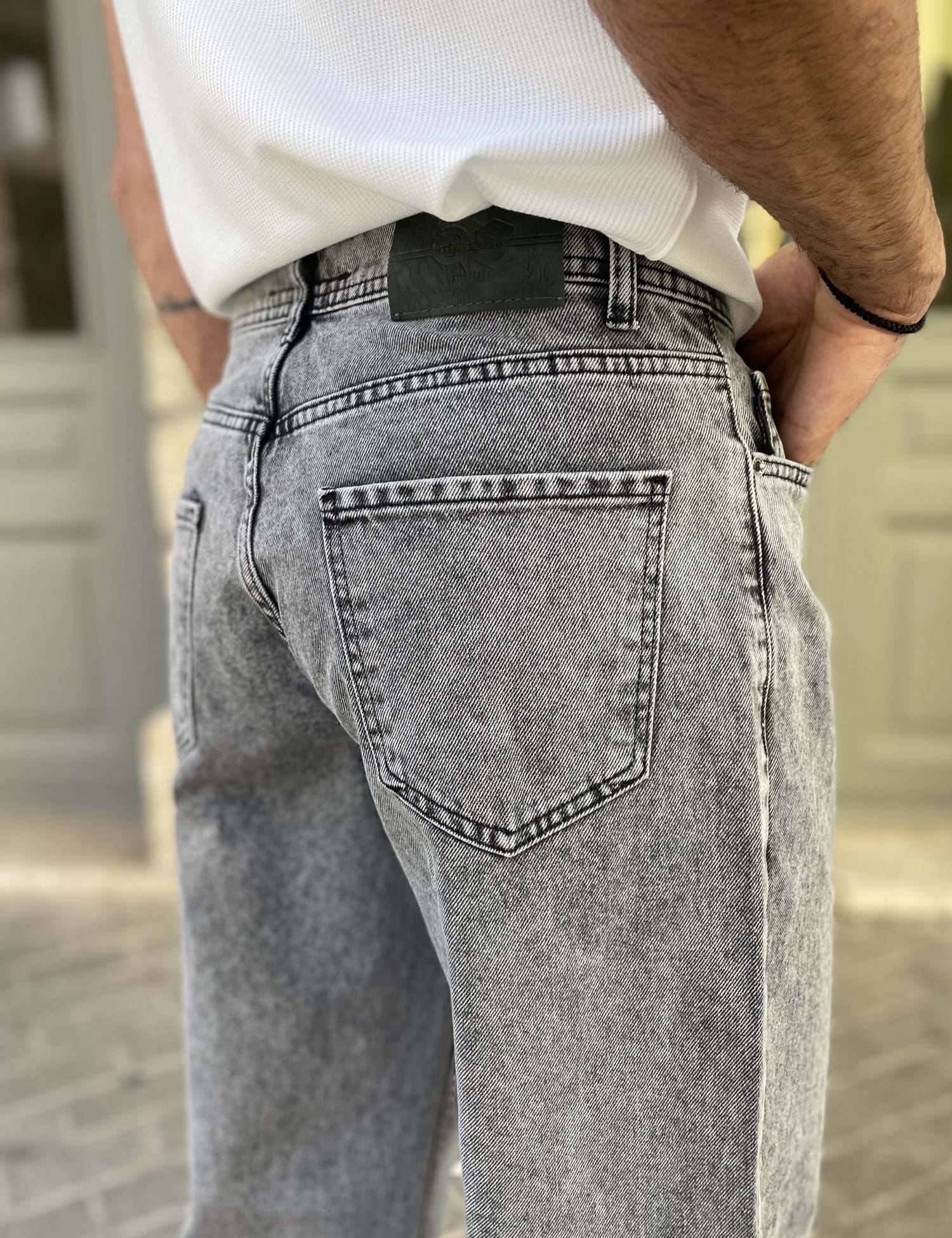 Ανδρικό γκρι Loose τζιν ελαστικό πεντάτσεπο με φερμουάρ G81091 φωτογραφία